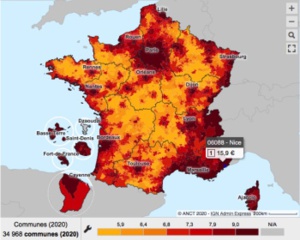 Une carte présente le prix au m2 des loyers pour un appartement ou une maison dans chaque commune en France