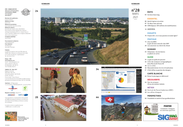 Urbanisme, les territoires se plient en cartes - Méthode agile & SIG - Assureurs & Climat - GeoMSF - Map'O - ArcGIS for Microsoft Power BI... Découvrez le sommaire du nouveau SIGMAG