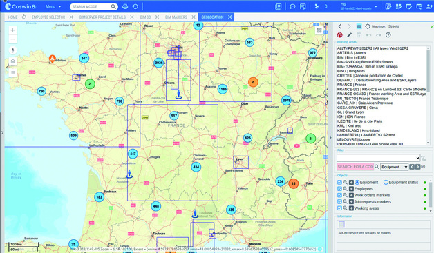 Géolocalisation d’équipements regroupés en clusters dans la solution de GMAO Coswin 8i. Géolocalisation d’équipements regroupés en clusters dans la solution de GMAO Coswin 8i.