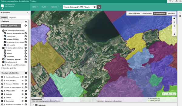 Le nouveau portail cartographique du canton de Fribourg, map.geo.fr.ch contient environ 150 géodonnées vectorielles réparties dans 13 thèmes. Il illustre aussi le problème de la continuité des géodonnées sur un territoire très morcelé.