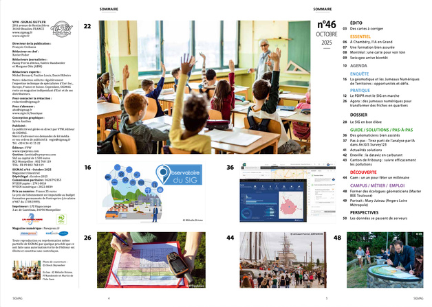 Au sommaire de SIGMAG 46, numéro d'octobre 2025. Dossier SIG et école "Le SIG en bon élève", Enquête Observatoire du SIG & Jumeaux numériques des territoires, Pratique : "Le PDIPR met le SIG en marche", Pas à Pas : Assistant IA dans Survey123... Au sommaire de SIGMAG 46, numéro d'octobre 2025. Dossier SIG et école "Le SIG en bon élève", Enquête Observatoire du SIG & Jumeaux numériques des territoires, Pratique : "Le PDIPR met le SIG en marche", Pas à Pas : Assistant IA dans Survey123...
