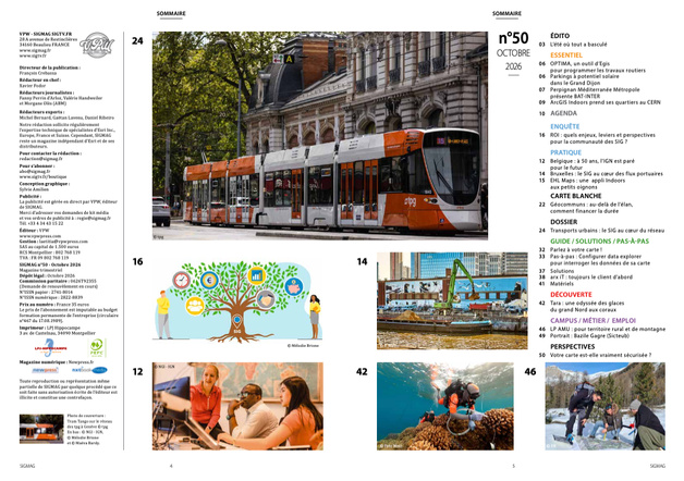 Découvrez le sommaire du SIGMAG d'octobre 2026 avec notre dossier sur les transports urbains, le SIG au cœur du réseau et notre enquête sur le ROI d'un SIG