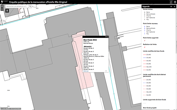 Vue sur l’application pour la mise à jour de l’enquête publique de la mensuration officielle dont le développement vient d’être terminé à l’aide de Portal for ArcGIS et publiés sur le futur Portail SIG public de l’État de Fribourg