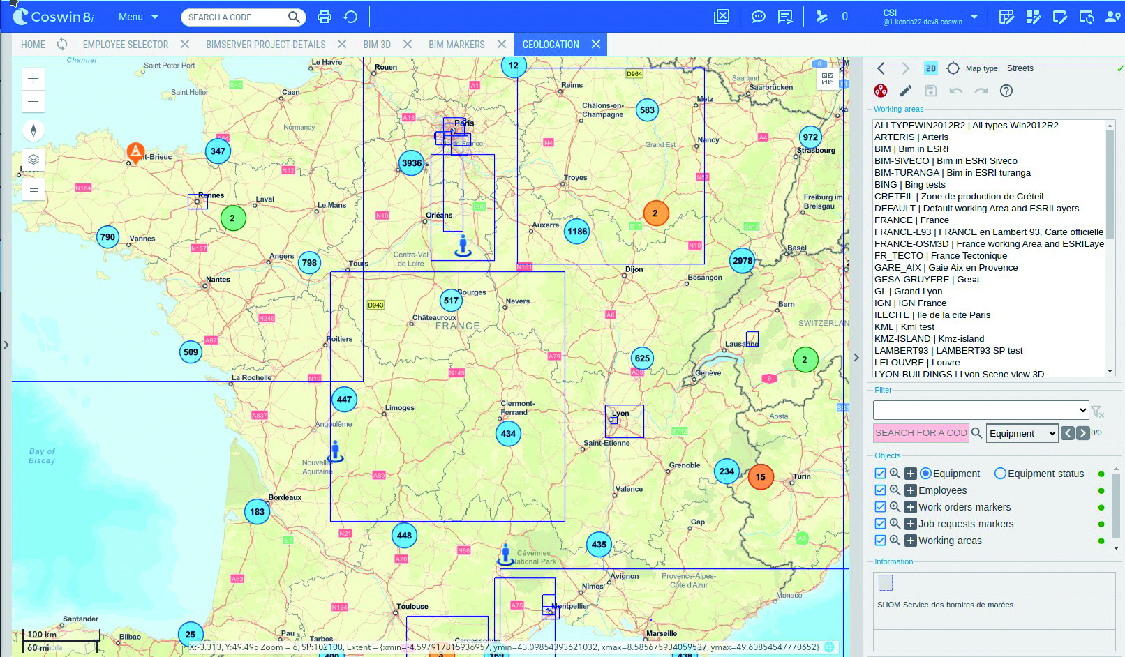 Géolocalisation d’équipements regroupés en clusters dans la solution de GMAO Coswin 8i. Géolocalisation d’équipements regroupés en clusters dans la solution de GMAO Coswin 8i.