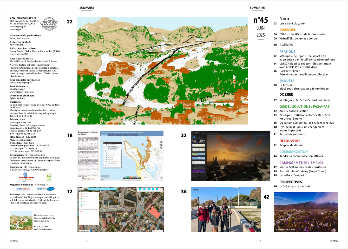 Dossier "Montagne : le SIG à l'assaut des cimes", Enquêtes sur les littoraux placés sous géo observation et la collecte de données, zoom sur Dijon Métropole, l'AFSCA en Belgique et le SDK ArcGIS for Unreal Engine. Découvrez le sommaire de SIGMAG n°45